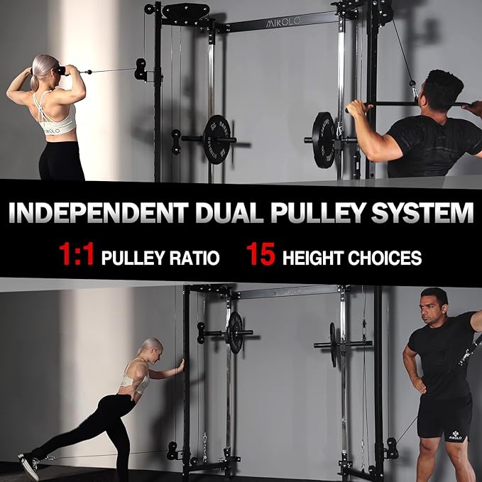 Mikolo Folding Squat Rack, Wall Mounted Power Rack with Cable Crossover Machine & LAT Pull Down, Functional Trainer with 5 Adjustable Function Modes, for Home Gym and Space Saving