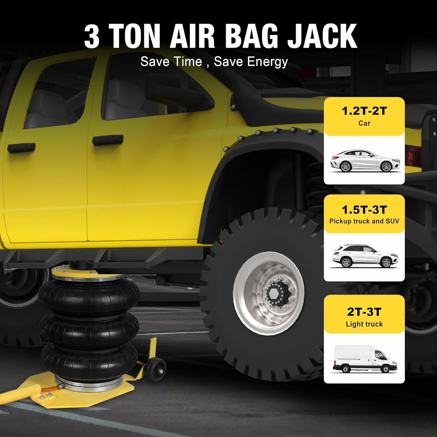 YELLOW JACKET Air Jack 3 Ton Triple Bag Air Jack with Six Steel Pipes, Portable Pneumatic Jack with Long Hand, 3-5 s Fast Lifting Airbag Jack for Cars, Garages, Repair, Yellow