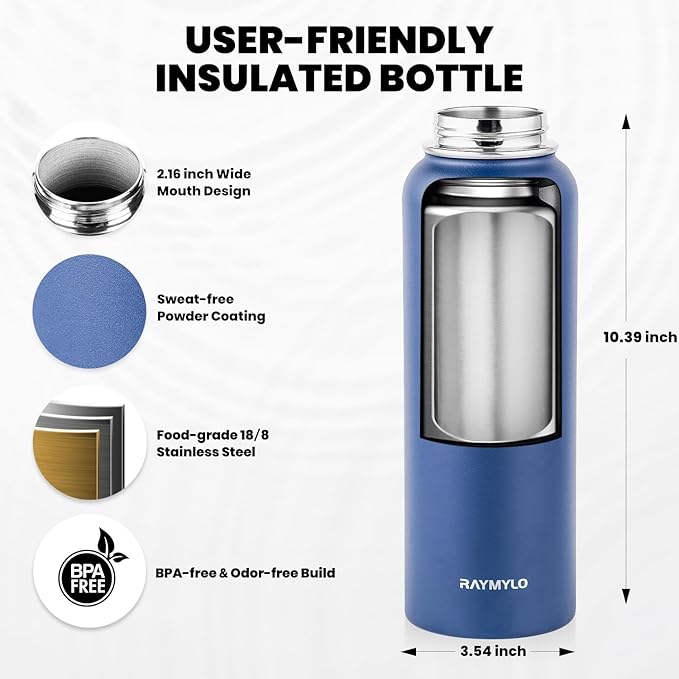 Insulated Water Bottle 40 oz, Triple Wall Vacuum Stainless Steel (Cold for 48 Hrs), Leak Proof & Non-BPA, Modern Water Flask Jug with Paracord Handle & Straw Spout Lids, Navy Blue