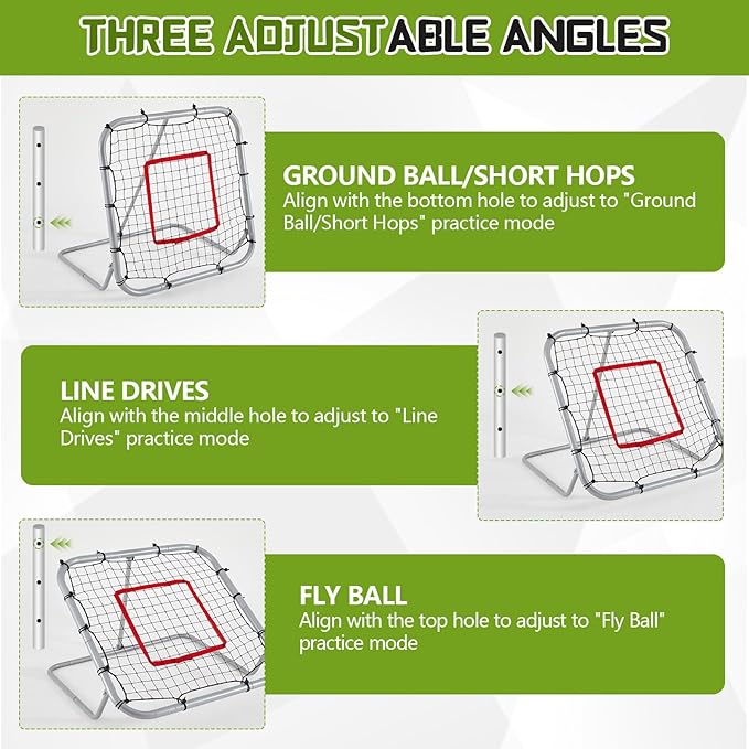 3' x 3'/1.67' x 1.67' Pro Portable Baseball and Softball Rebounder Adjustable Heavy Duty Pitch-Back Net with Bag Strap Fielding Trainer Net 3 Angles Ground Balls Line Drives Pop Flies