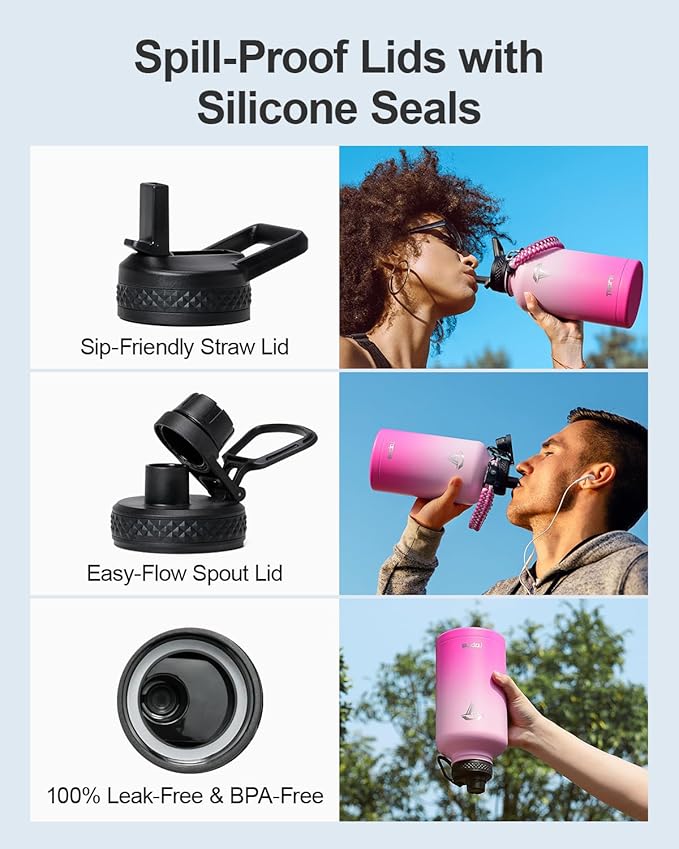 Half Gallon Water Bottle,64oz Insulated Water Bottle Stainless Steel Vacuum,Cold for 48 Hrs,BPA-Free & Leakproof -with Paracord Handle,Strap,Straw Spout Lids,Big Flask Jug for Gym Sports,Pink