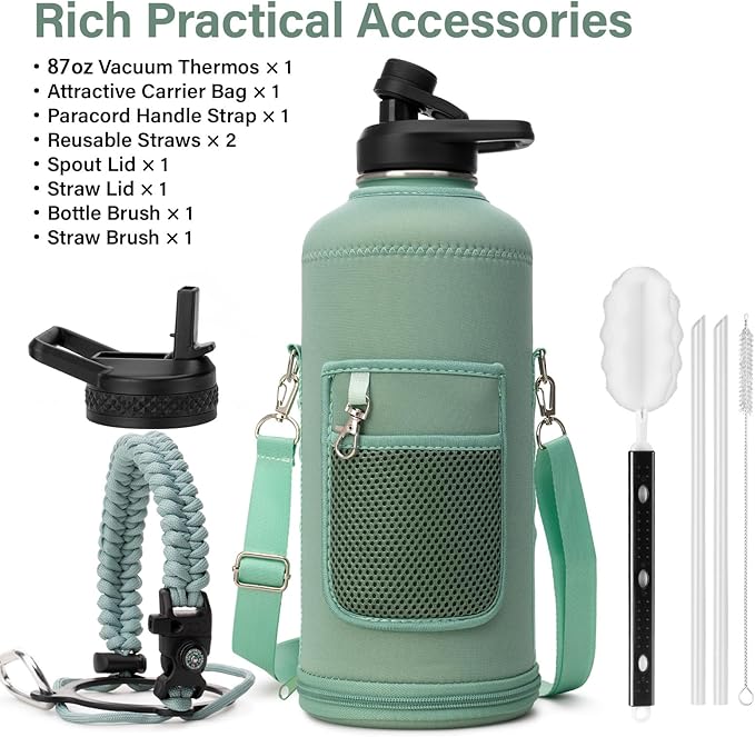 Insulated Water Bottle | Thickened Stainless Steel for Gym and Hiking with Straw, Carrier Bag, Handle Strap | BPA-Free 87 oz