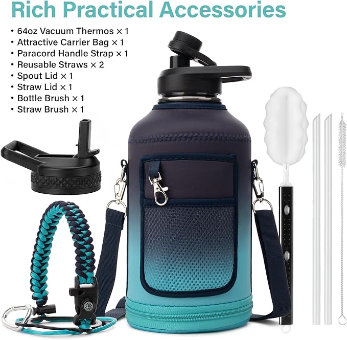 Insulated Water Bottle | Thickened Stainless Steel Vacuum Metal | Portable Sports Half Gallon Large Water Jug for Gym and Hiking with Straw, Carrier Bag, Handle Strap | BPA-Free 64 oz