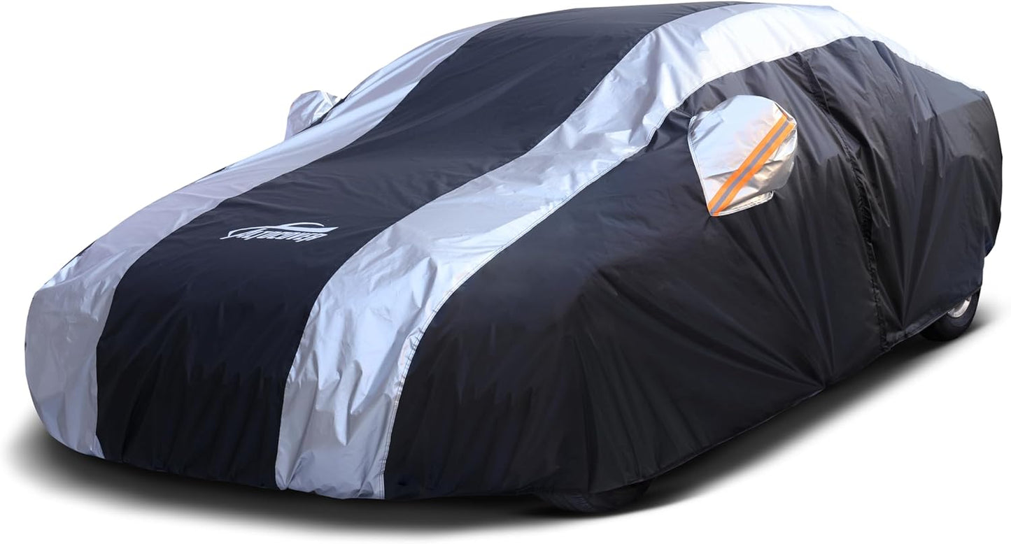Car Cover Waterproof All Weather Protection with Silver Stripe Design,Outdoor Car Cover Universal Fit Lincoln MKZ, Chrysler 300, Tesla Model S, Cadillac CTS CT5, Dodge Challenger Charger