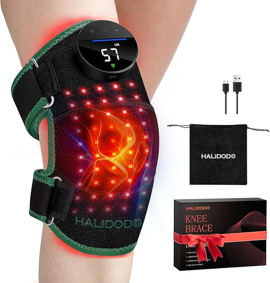HALIDODO Red Light Therapy & Vibration Massage Knee Brace - Wireless Rechargeable Controller, 660nm&850nm Red Light Therapy Heated Device for Knee/Joint/Elbow/Shoulder Pain Relief, Green.