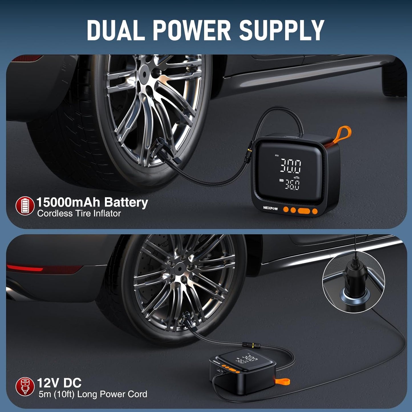 NEXPOW Tire Inflator Portable Air Compressor, 180 PSI Cordless Air Pump for Car Tires with Digital Pressure Gauge & Auto Shut-Off, Air Compressor Portable for Car, Motorcycle, Bicycle, Ball, Orange