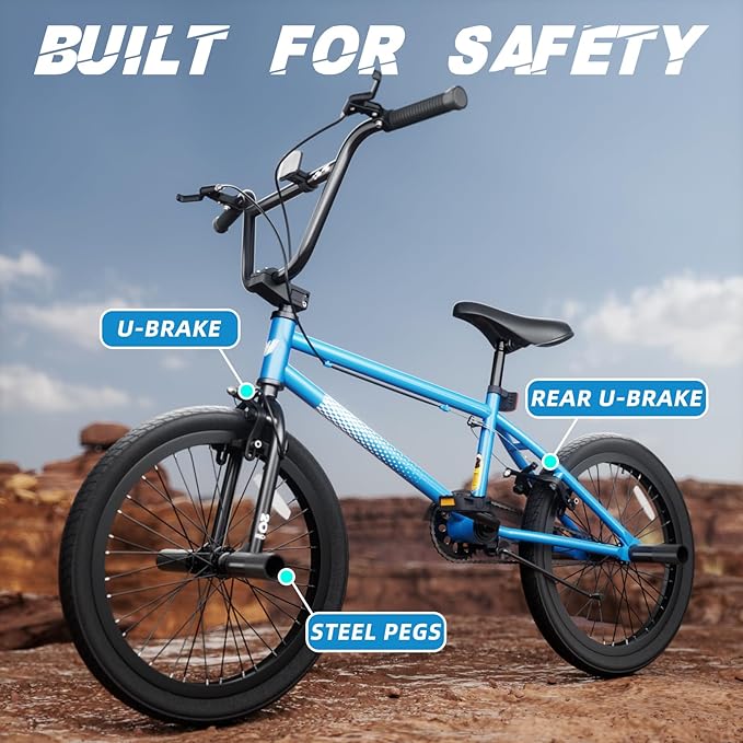 67i Boys BMX Bike 18/20 Inch Ages 8-12 Kids Bicycle with Front Rear U Brake Adjustable Seat Iron Fork 2.09" Wide Tires
