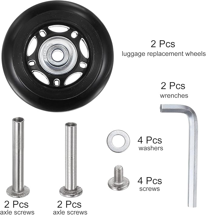 uxcell Replacement Luggage Wheels 64x24mm Suitcase Wheel Repair Kits Include 2 PU Bearing Wheels & Washers, Wrenches & Axle Screw for Trolley Bag, Inline Skate and Caster Board