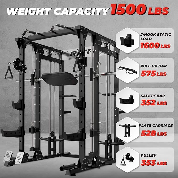 RitFit Smith Machine Power Cage with LAT Pulldown & Cable Crossover, All-in-One Power Rack Home Gym System with Leg Press Attachment & Accessories