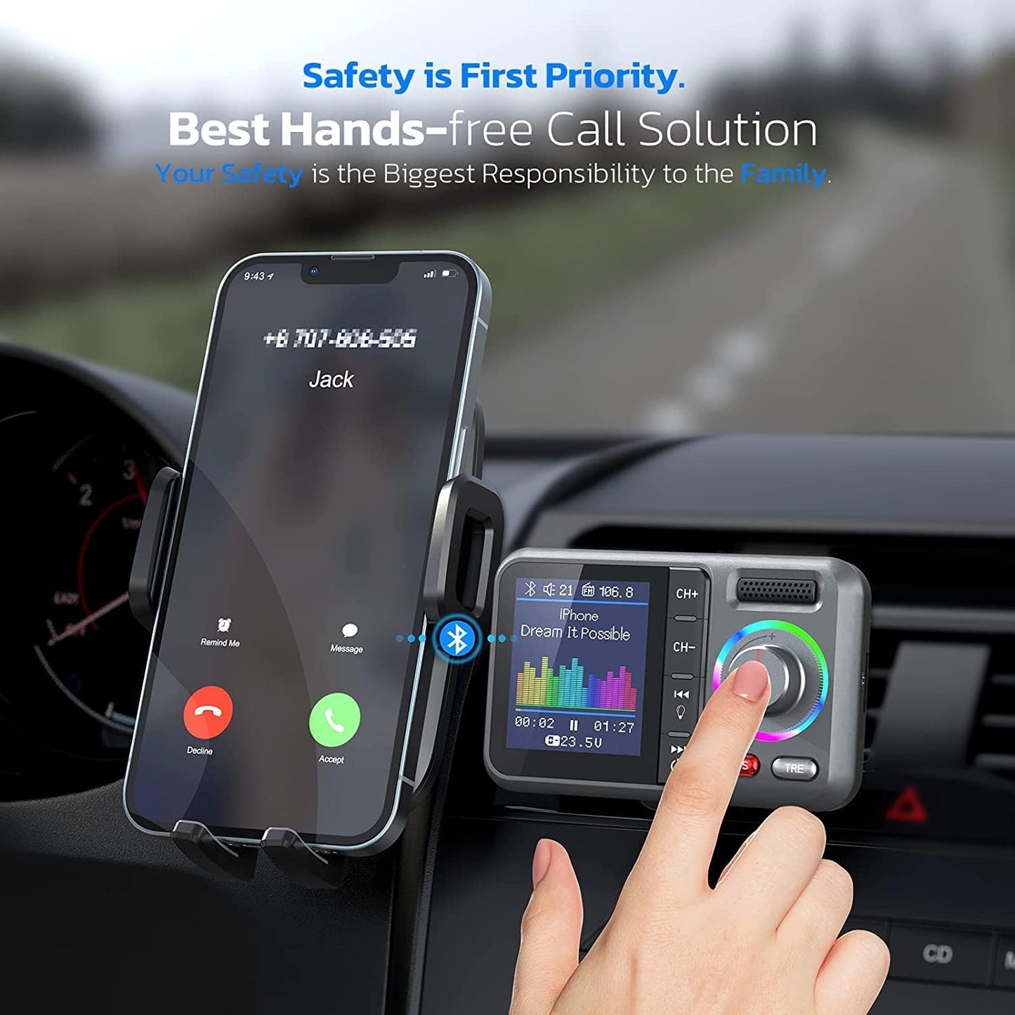 Nulaxy Bluetooth FM Transmitter for Car, Wireless Car Bluetooth Adapter with Big Color Screen, Support QC3.0 Fast Charging, Hands-Free Call, MP3 Music Player BASS&TRE Booster, TF Card AUX-KM28 Grey