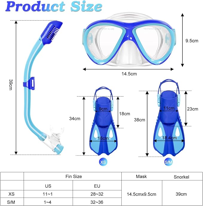 Kids Mask Fins Snorkel Set, Dry Top Snorkeling Gear for Kids Youth Boys Girls Junior Age 5-15 Tempered Glass Snorkel Mask Set Panoramic View Snorkeling Packages