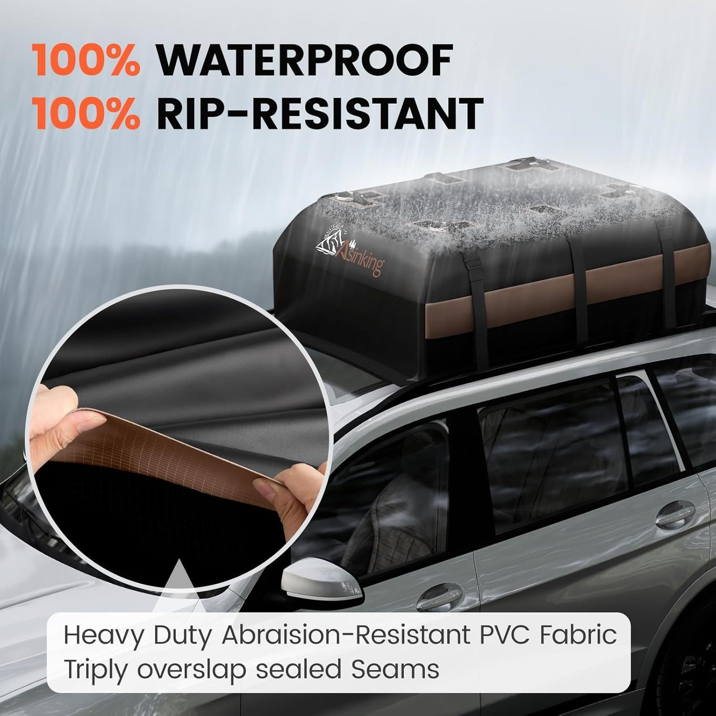 Asinking Car Rooftop Cargo Carrier Bag, 22 Cubic Feet Waterproof Roof Cargo Bag, 500Lbs Break Strength, Fit Vehicles with/Without Roof Rack, Includes Anti-Slip Mat, 6 Door Hooks, Luggage Lock