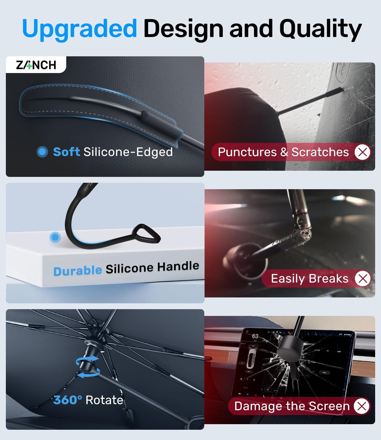 Zanch 2025 Upgraded Car Windshield Sun Shade [Cool Down by 75℉ ] with Heat Insulation Coating, Foldable Sunshade Umbrella Flexible Handle & Ribs, Medium (57''x32'') for Car, SUV, Truck, Van