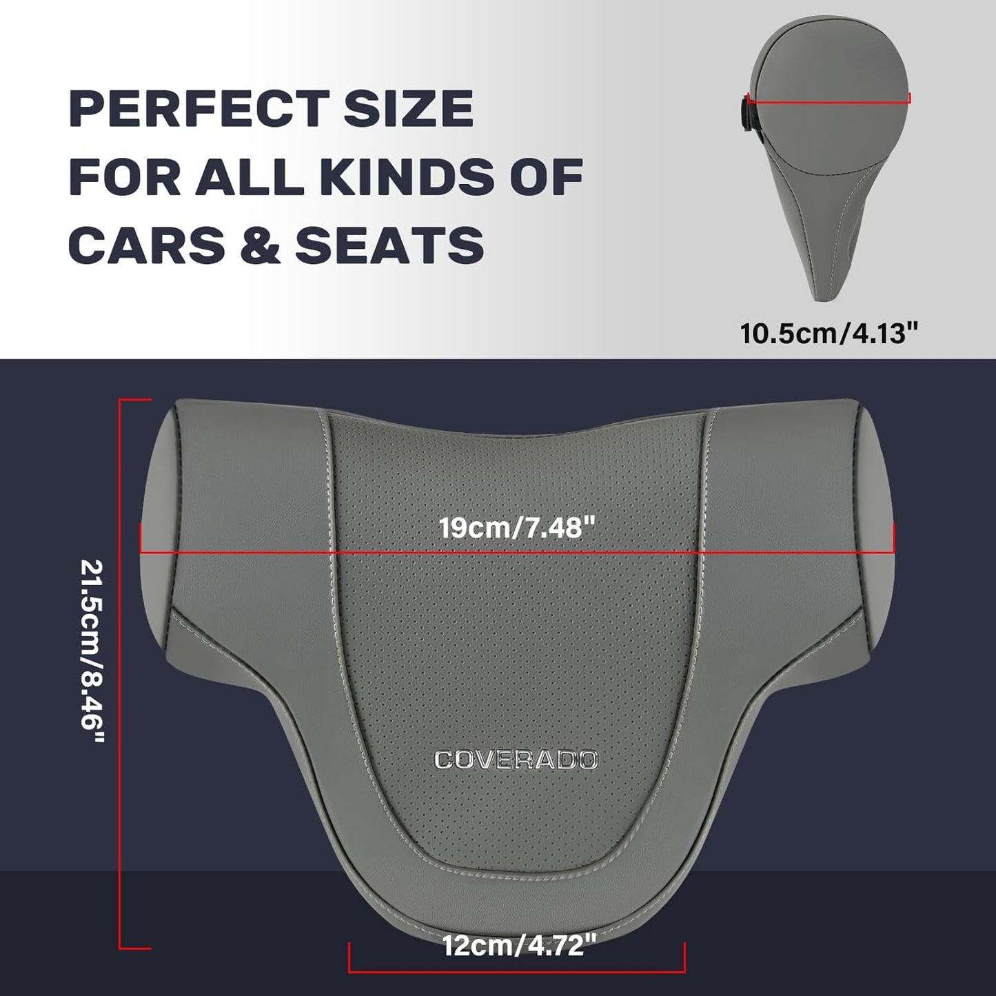 Coverado Car Headrest Pillow, Ergonomic Memory Foam Car Neck Pillow for Driving Seat with Adjustable Strap, Soft PU Leather Breathable Removable Cover Neck Support for Neck Pain Relief - Gray