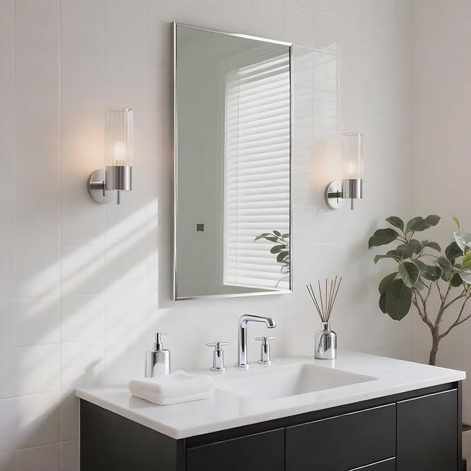 20x36 Inch Nickel Bathroom Mirror for Wall, Aluminum Frame Rectangle Rectangular Vanity Mirror, Modern Large for Bedroom, Living Room, Horizontal or Vertical