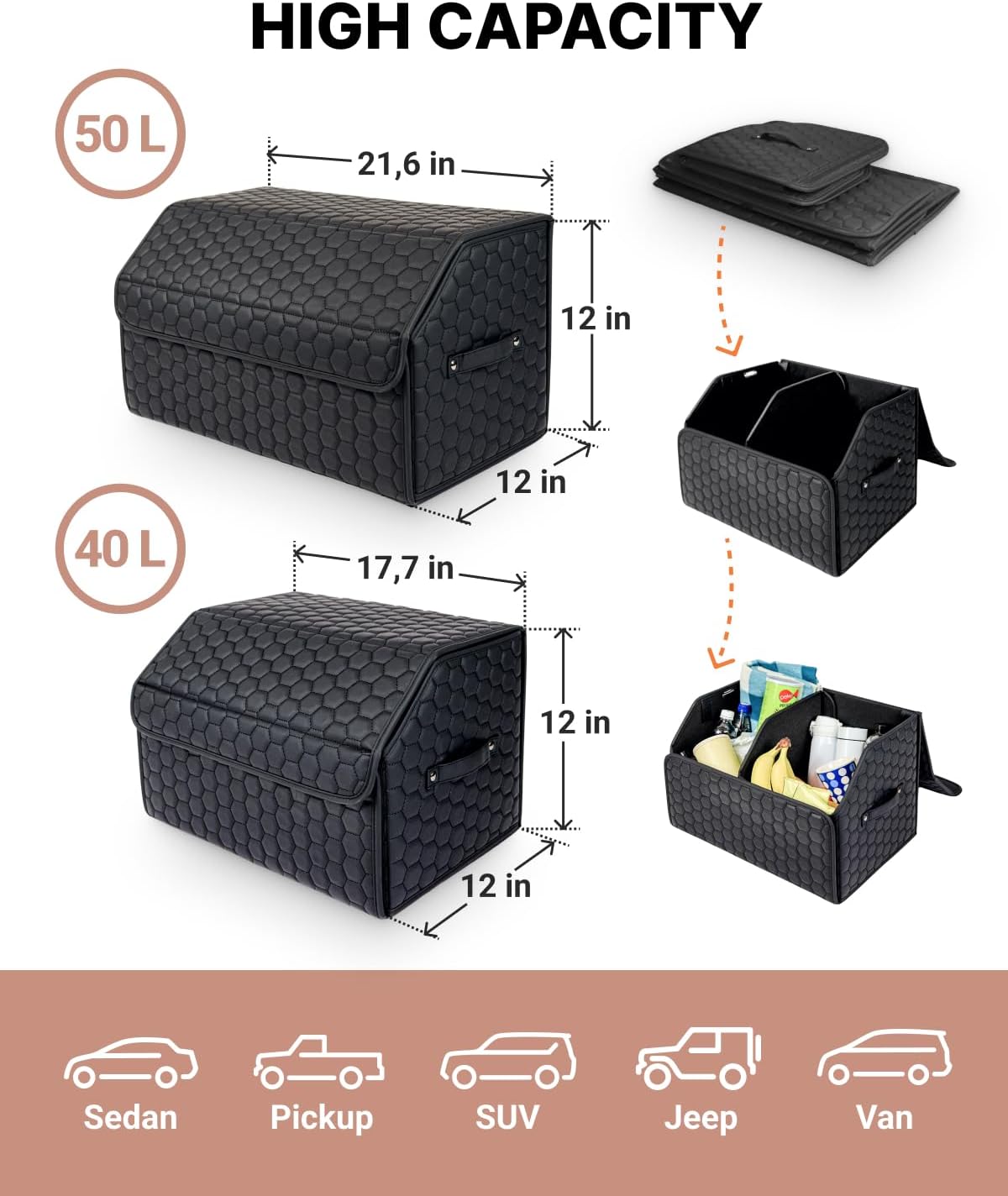 Car Storage Organizer Bundle - Two Foldable Crates For Groceries, Gear & Trips - Durable SUV And Truck Storage Set - Thoughtful Birthday Gifts For Drivers (Black 17+21)