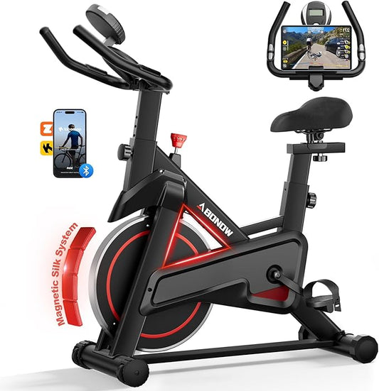 Exercise Bike, Brake Pad Stationary Bikes for Home with App Compatible, Low Noise Indoor Cycling Bike, 300lbs Capacity Compact Workout Bike with Tablet Mount & Extra Comfort Seat
