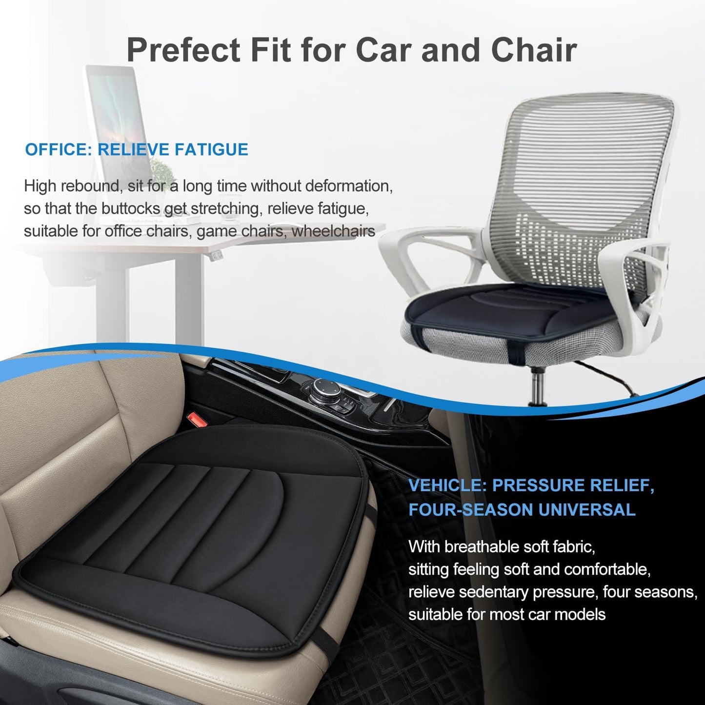 Car Seat Cushion Chair Cushions, 1.2in Memory Foam Pressure Relief Seat Cushion for Car, Non-Slip Design Car Truck Seat Cushion for Driving, Ergonomic Chair Seat Pad for Office Gaming Wheelchair