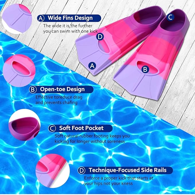 Kids Swim Fins,Short Kids Fins Youth Swimming Flippers for Lap Swimming Training for Children Girls Boys Beginners