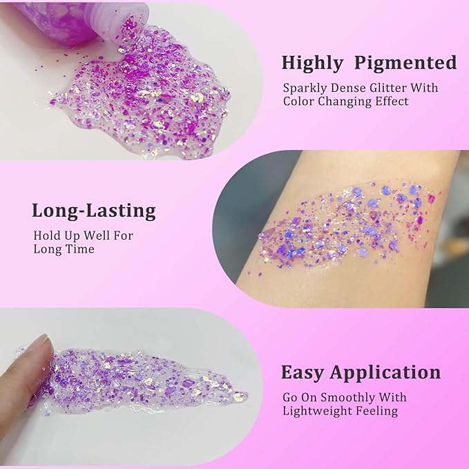 MEICOLY Chameleon Light Purple Body Glitter,Chunky Face Glitter for Halloween,Color Changing Mermaid Face Glitter Gel,Holographic Glitter Sequins for Face Body Hair,Festival Party Cheer Glitter Makeup