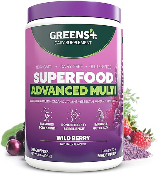 Greens+ Advanced Multi Wild Berry Superfood Powder, Organic Blend, Vegan, Non-GMO, Soy-Free, Dairy-Free, Gluten-Free, Dietary Supplement with Vitamins & Minerals, 9.4 oz