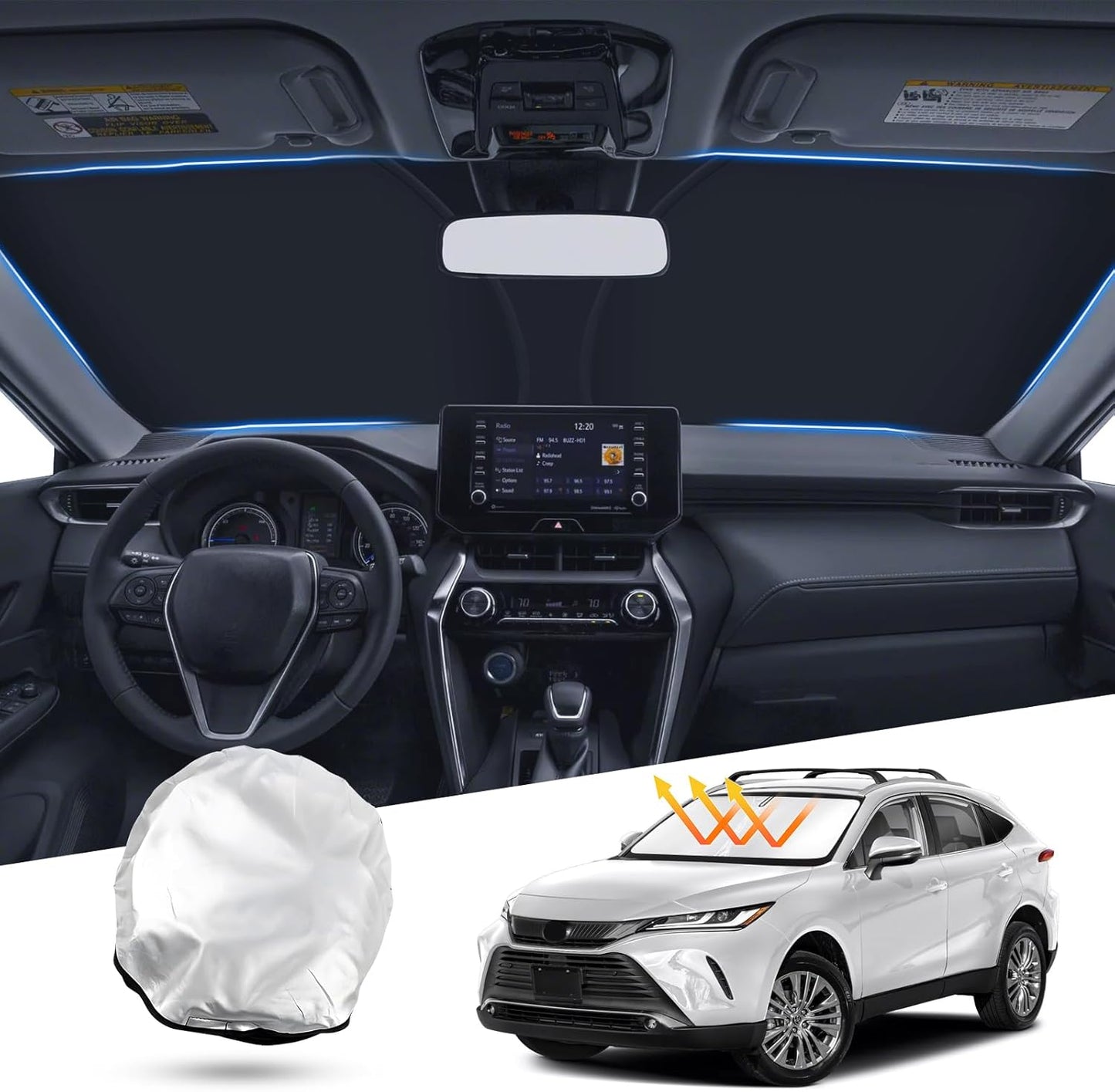 T TGBROS Windshield Sun Shade for Toyota Venza 2021-2024 Accessories Front Windshield Sun Shade Foldable Sunshade Protector Sun Shield Sun Visor Protector Sunscreen Polyester Cover Block