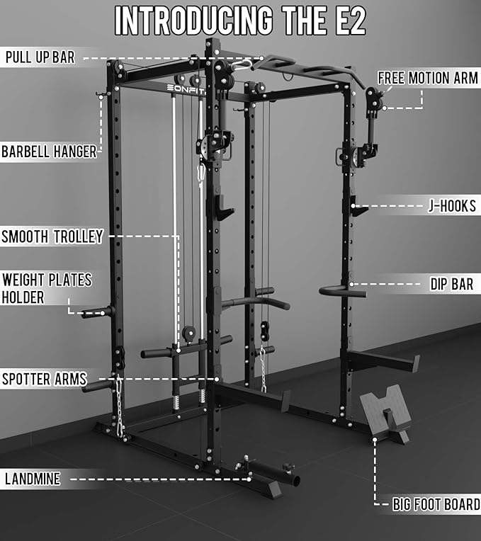 Eonfit E2 Power Cage，1500LB Squat Rack with Cable Crossover System.Multi-Function Power Rack for Home Gum.All-in-One Squat Rack with More Training Attachments