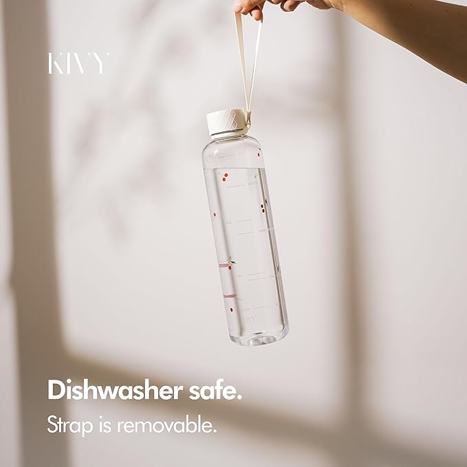 KIVY Clear water bottle 32oz [Lightweight & Shatterproof] Fits Backpack & Cupholder for Travel, Sports, School, Gym - Cute water bottle aesthetic - Cherry Edition