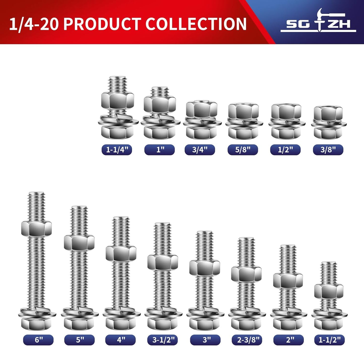 1/4-20 x 2" Hex Head Screw Bolt, Nuts, Flat & Lock Washers, 10Pcs 18-8 (304) Stainless Steel, Fully Threaded, by SG TZH