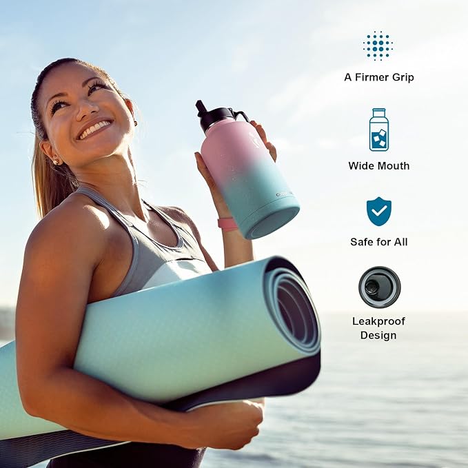 64 oz Water Bottle Insulated with Straw&3 Lids, Coolflask Half Gallon Water Jug Galaxy Large Metal Stainless Steel Vacuum flask for Gym, Sports and Travel, Keep Cold 48H Hot 24H, Blooming Cherry