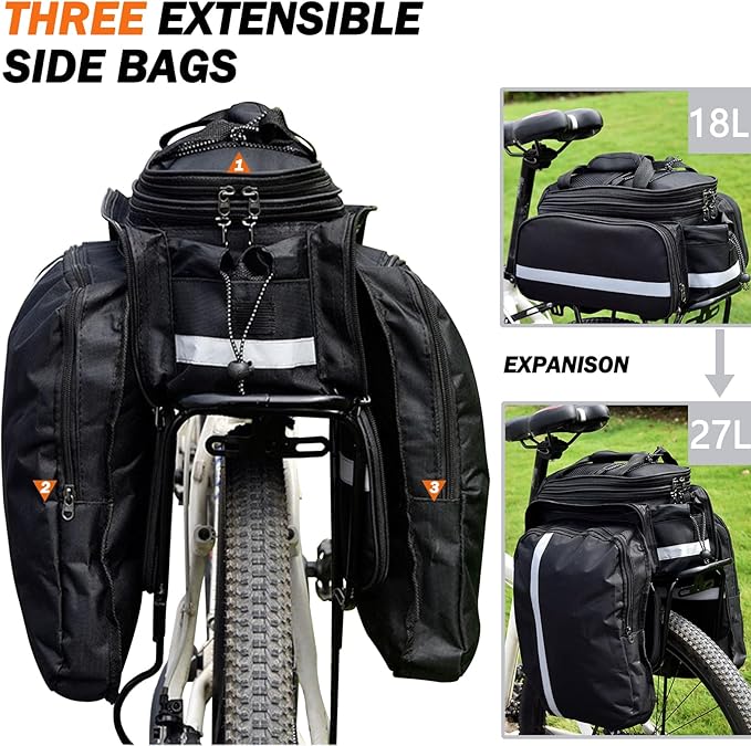 27L Adjustable Bike Pannier Bag with Hidden Rain Cover, 360° Reflective Strips, Multi-Functional Bicycle Saddle Bag for Grocery Shopping, Commuting, Cycling & Travel, Handheld & Crossbody Design