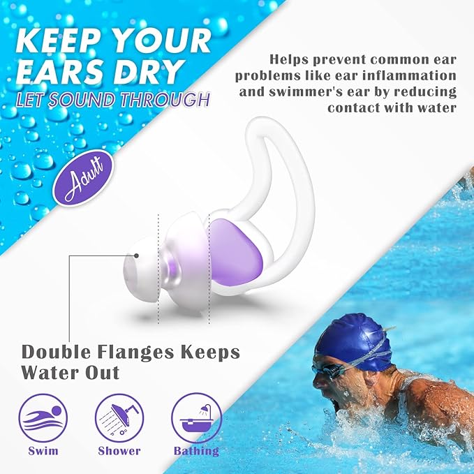 Hearprotek [2 Pairs] Swimmer Ear Plugs, Custom-fit Water Protection Adult Swimming earplugs for Swimmers Pool Shower Bathing and Other Water Sports (Purple)