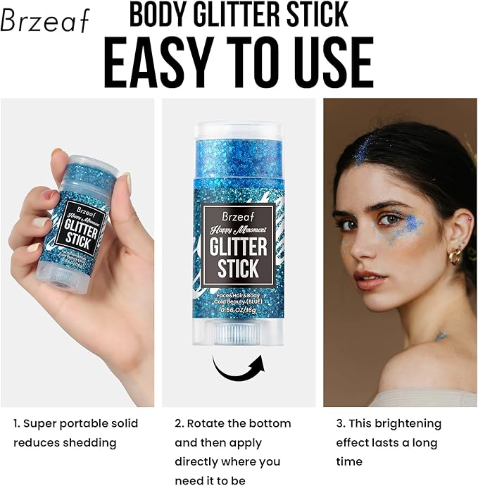 Brzeaf Waterproof Blue Glitter Stick,Festival Rave Accessories, Safe Ingredients & Long Lasting, Hair Eyeshadow Face Glitter Stick, Singer Concert Music Rave Festival, Glitter Makeup for Women