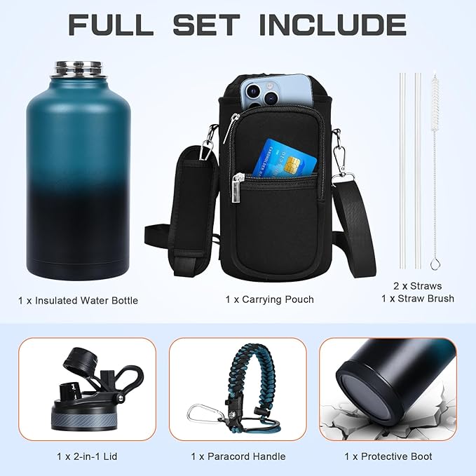 Insulated Water Bottle 64 oz, Half Gallon Water Jug Cold 48H, BPA Free Stainless Steel Bottles with Straw/Chug 2-in-1 Lid, Bag, Paracord Handle, Silicone Boot, Sports Gym School Metal Flask