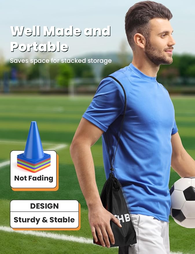 GHB Soccer Cones 7" 9" of 12 24 Pack Disc Soccer Sport Cones Training Field Marker Agility Cones for Basketball, Coaching, Practice Equipment Includes Drills Guide