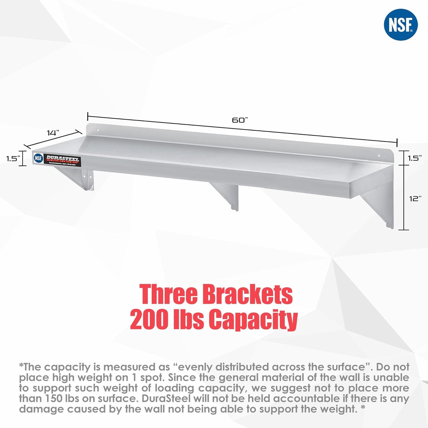 DuraSteel Stainless Steel Wall Mount Shelf 60" Wide x 14" Deep Commercial Grade - NSF Certified - Good for Restaurant, Bar, Home, Kitchen, Laundry, Garage and Utility Room