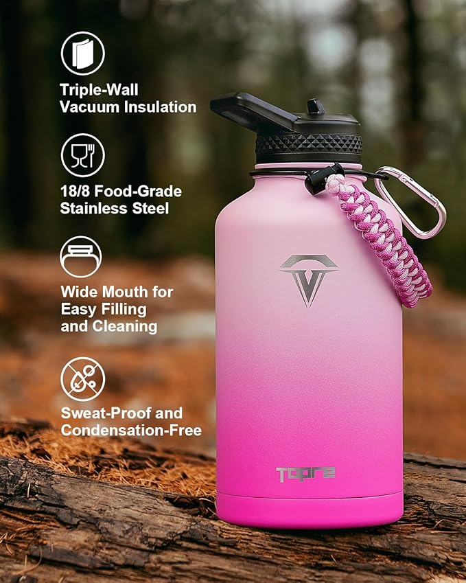 Half Gallon Water Bottle,64oz Insulated Water Bottle Stainless Steel Vacuum,Cold for 48 Hrs,BPA-Free & Leakproof -with Paracord Handle,Strap,Straw Spout Lids,Big Flask Jug for Gym Sports,Pink
