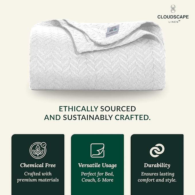 Herringbone Cotton Twin Blanket for Couch, Bed,Sofa, Home Decor, Soft, Lightweight, All-Season Bed Blanket, 68 x92, White