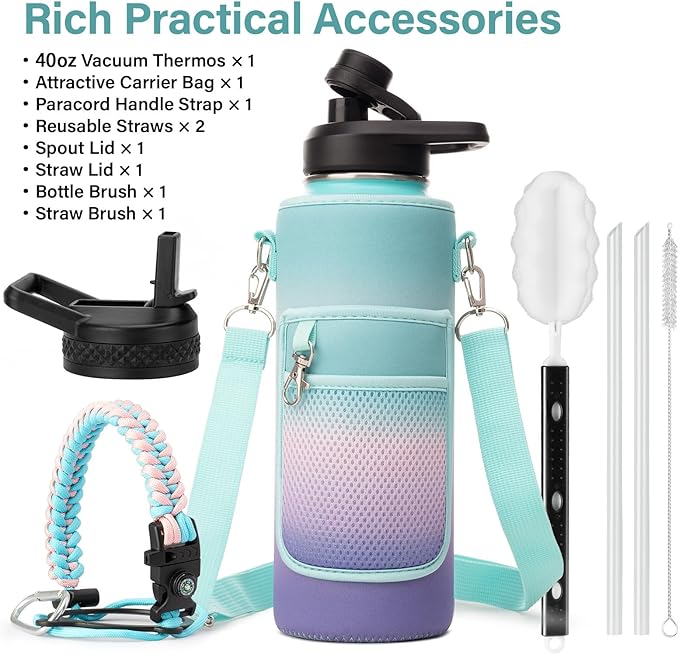 Insulated Water Bottle | Thickened Stainless Steel Vacuum Metal | Portable Sports Water Jug for Gym and Hiking with Straw, Carrier Bag, Handle Strap | BPA-Free 40 oz