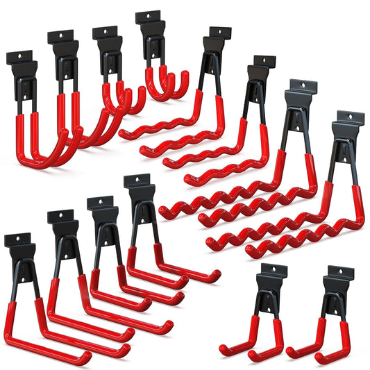 3-H Slatwall Accessories 14 Pack, Slatwall Hooks & Hangers 7 Sizes, Slat Wall Hanging Hooks, Proslat Accessories for Garage Wall Panels Organzing Garden Tools Chairs Ladder(Red)