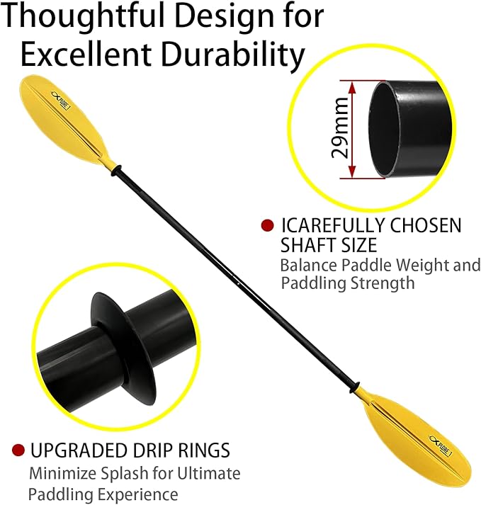 ISURE MARINE 2Pcs Kayak Paddle 85in Kayaking Boating Canoeing Oar Aluminum Shaft Yellow Plastic Blades Adjustable Rowing Paddle with Bungee Paddle Leash for Light Kayaks