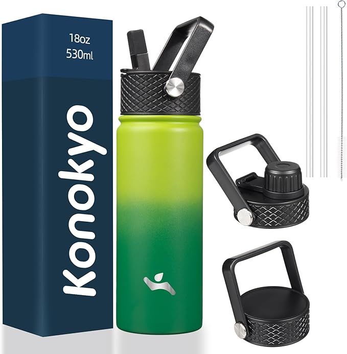 18 oz Insulated Water Bottle Stainless Steel Sport Bottles with 3 Lids,Bamboo Grove