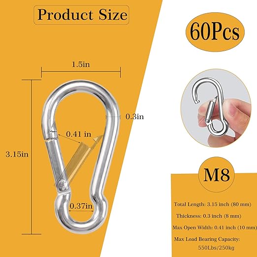 60 Pcs Carabiner Clip Spring Snap Hook, M8 3 Inch Heavy Duty Galvanized Steel Spring Snap Hook, Quick Link Keychain Clip for Keys Swing Set Camping Fishing Hiking Traveling(550 lbs Capacity)