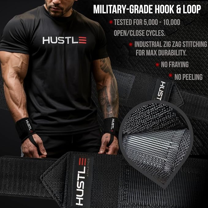 Hustle Athletics Wrist Wraps for Weightlifting – Max Wrist Support for Safe & Heavy Lifts, USPA Approved 18" & 12" Lengths, Thumb Loop Gym Straps for Powerlifting & Weight Lifting for Men and Women