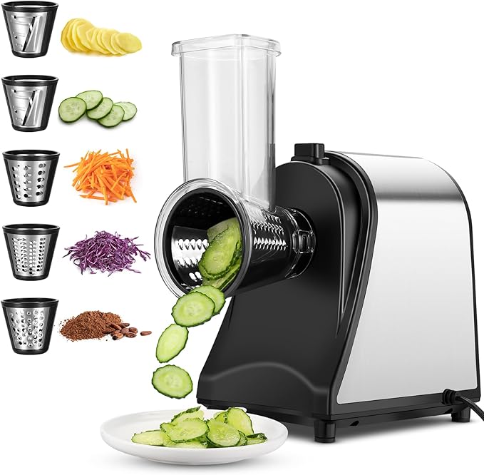 Homdox 250W Electric Cheese Grater, Electric Slicer Shredder, Salad Maker Electric Grater Electric Cheese Grater/Shredder with 5 Free Attachments, Ivory