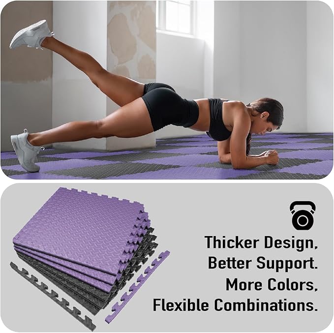 AIRHOP Upgraded 0.79" Extra Thick 48 Sq Ft High-Density Eva Foam Exercise Gym Mats, 12 Pcs Large Interlocking Puzzle Floor Tiles (24"x24") for Home Gym, Black&Purple