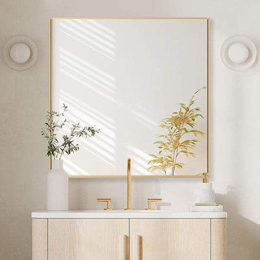 30x30 Inch Orange Gold Bathroom Mirror for Wall, Aluminum Frame Rectangle Rectangular Vanity Mirror, Modern Large for Bedroom, Living Room, Horizontal or Vertical