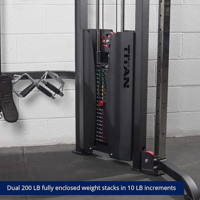Titan Fitness Functional Trainer Cable Crossover Machine, 200 LB Double Weight Stack, 2:1 Cable Pull Station, Home Gym Workout Weight Training Machine with Attachments
