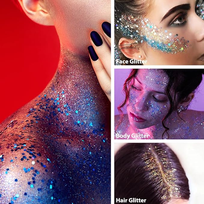 Mysense Blue Body Glitter Stick,Face Hair Glitter Makeup,Sparkling Mermaid Sequins Chunky Glitter Face Paint,Singer Concert Outfit Festival Rave Accessories for Women and Kids