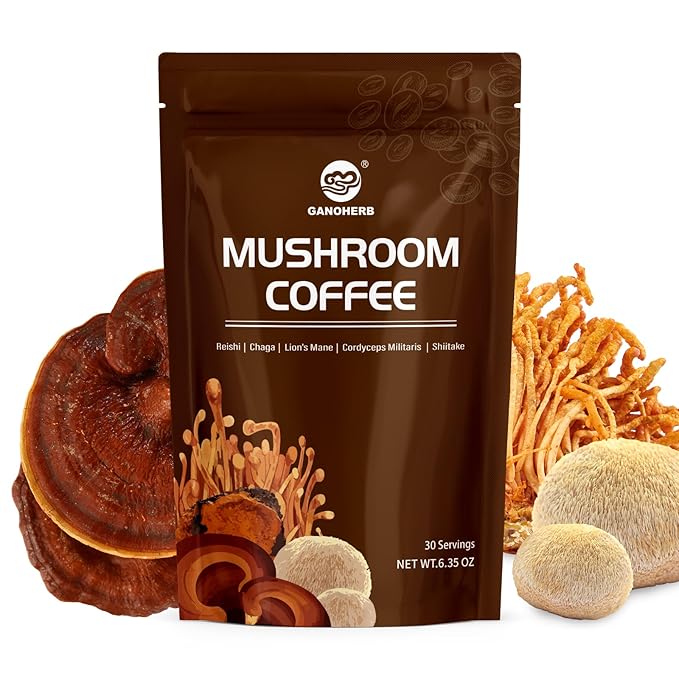 GANOHERB Instant Mushroom Coffee Powder, Arabica Coffee Mix with 5 Adaptogen Mushrooms, Lions Mane, Reishi, Chaga, Cordyceps, Shiitake and MCT Oil for Energy and Focus, 6.35oz, 30 Servings